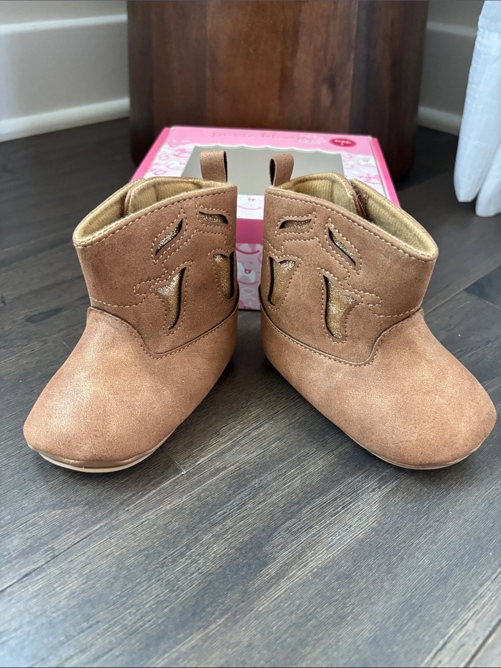 Pixie Bloom Cowboy booties,soft side metallic gold accent,Velcro, pull on tab